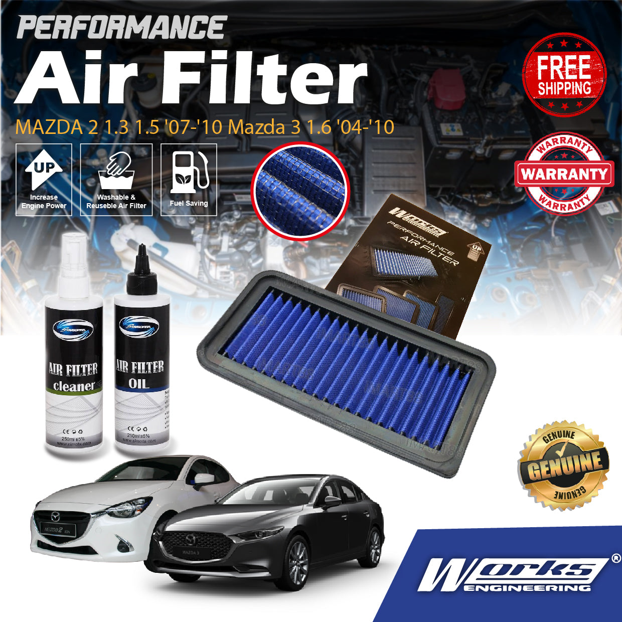 Works Engineering Drop In Air Filter MAZDA 2 1.3 1.5 '07-'10 Mazda 3 1.6 '04-'10 Element Enjin Engin WS-OMA-003