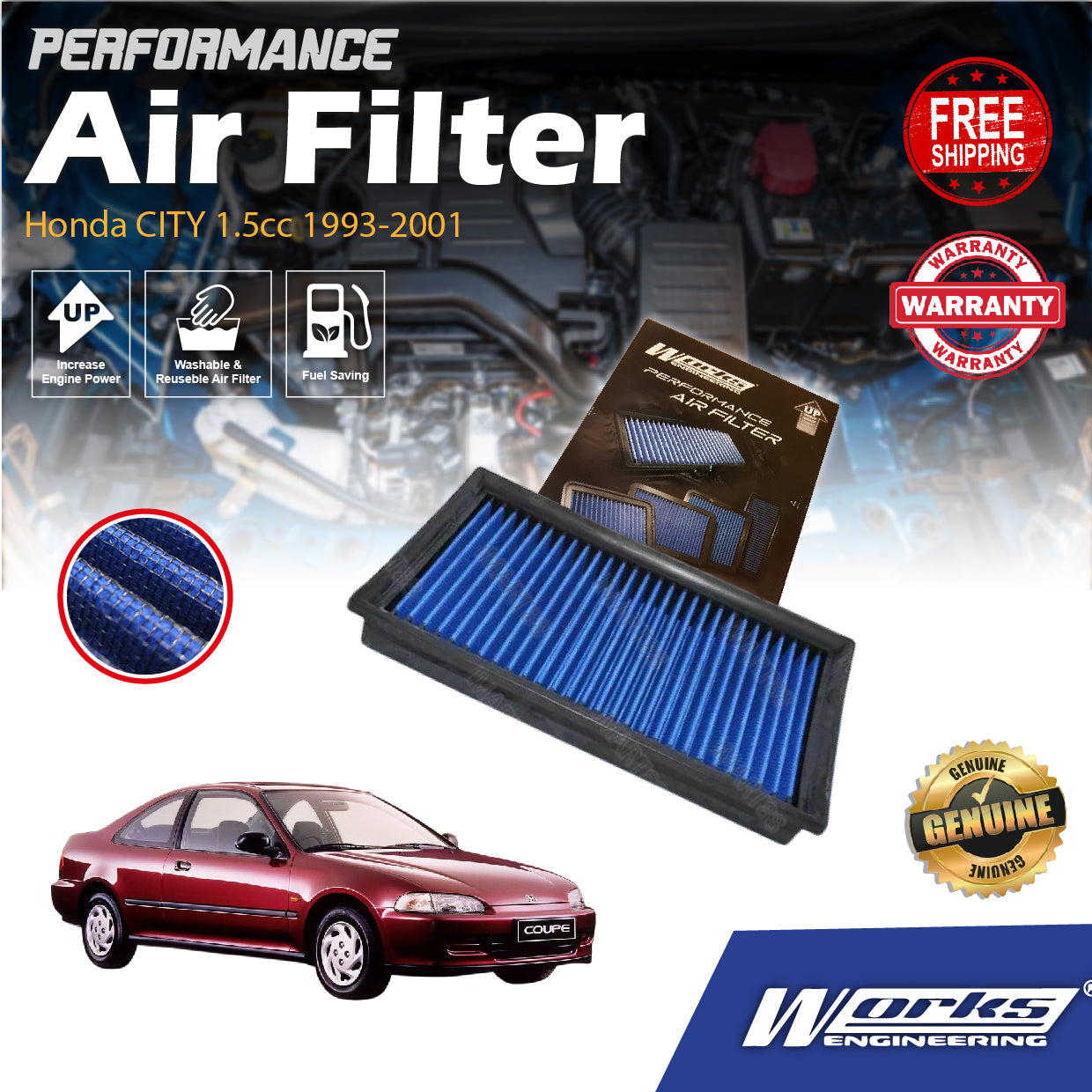 Works Engineering Drop In Air Filter Honda CITY 1.5cc 1993-2001 Element Enjin Engin Penapis Cleaning Oil