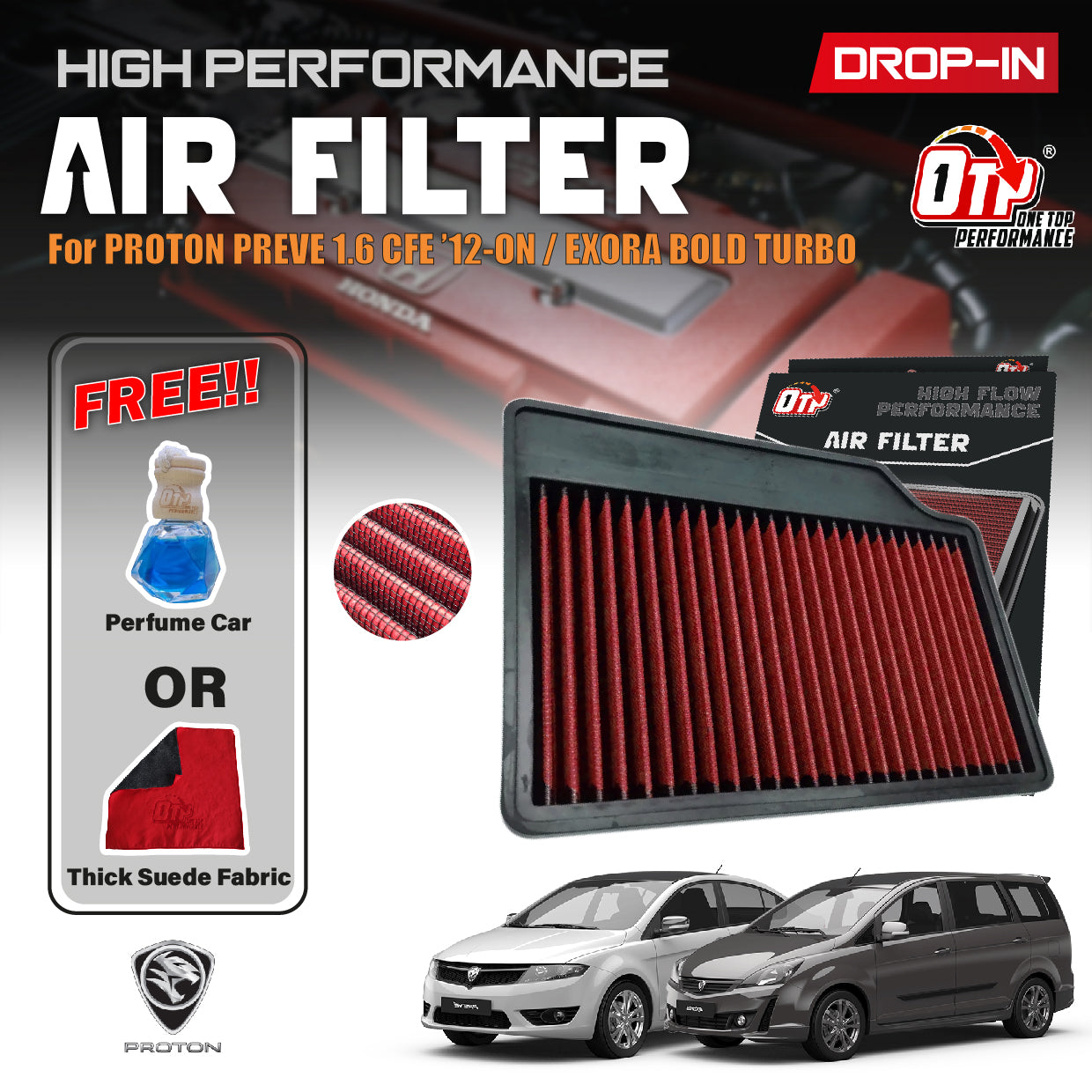 OTP Washable Drop In Air Filter Proton SUPRIMA S PREVE CFE EXORA BOLD 1.6L Turbo Engine Enjin Performance
