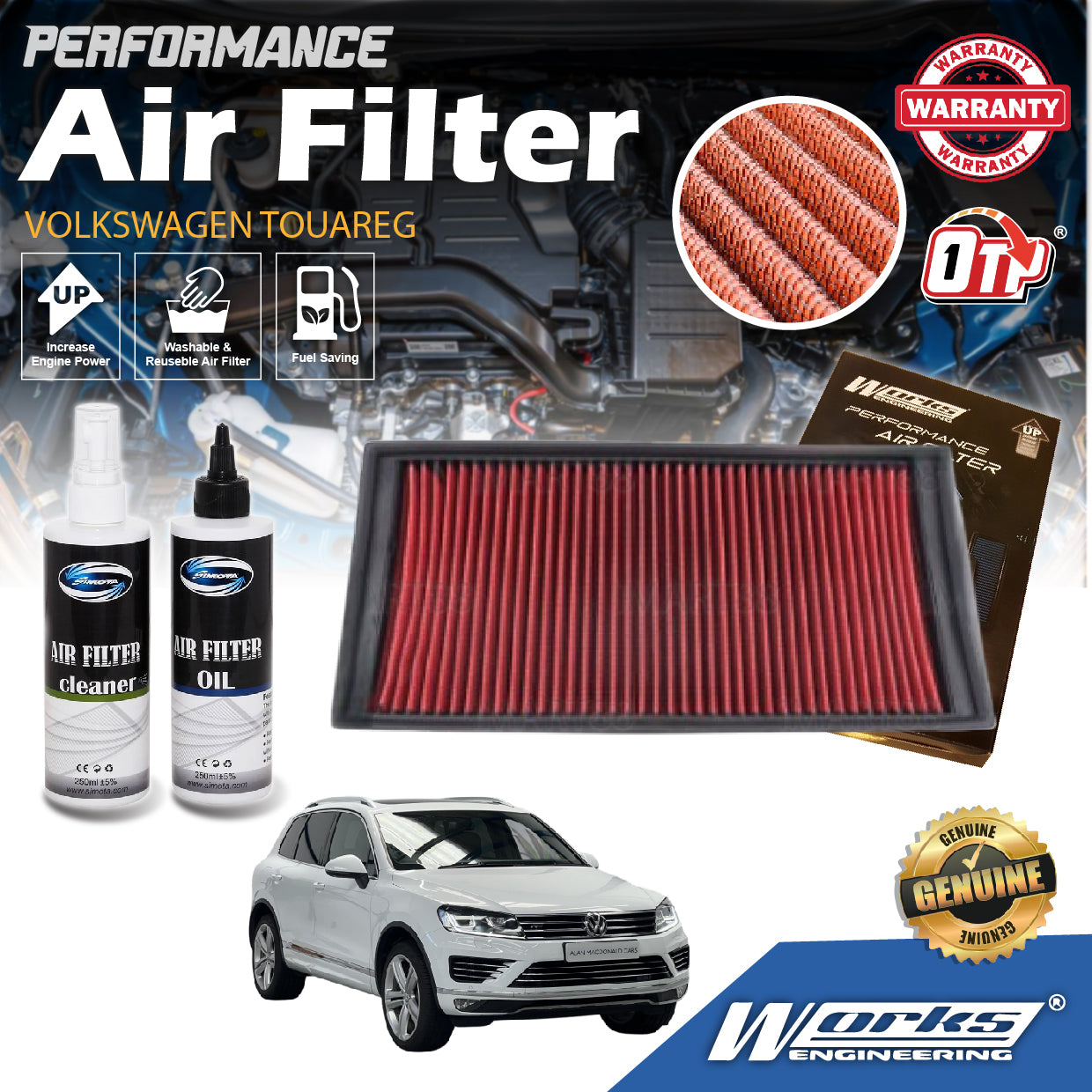 Works Engineering Air Filter Washable Suitable For Volkswagen Touareg 03-16 3.0 V6 3.6 V6 4.2 V8 F/I Diesel WS-FV-023