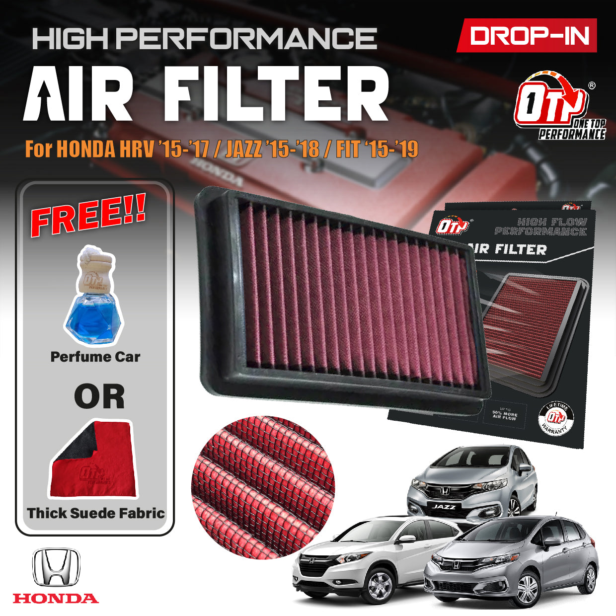 OTP Washable Drop In Air Filter Performance Honda JAZZ 1.3L L4 HR-V FIT SHUTTLE 1.5L L4 Fuel Injection 2015-2019