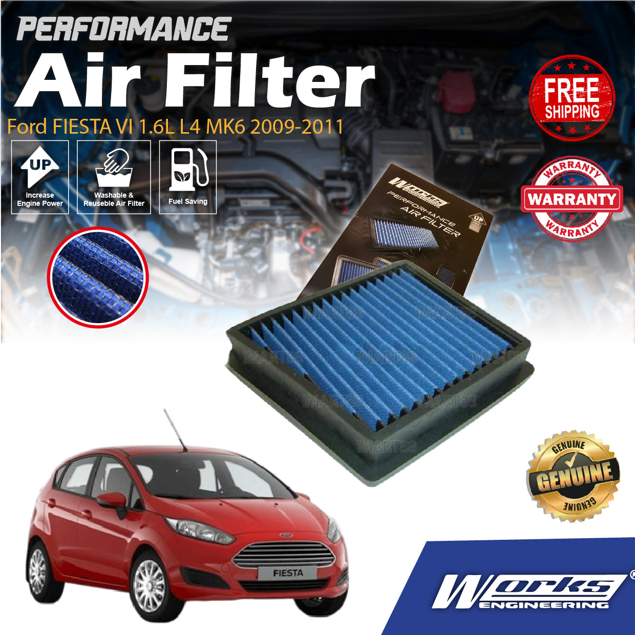 Works Engineering Drop In Air Filter Ford FIESTA VI 1.6L L4 MK6 2009-2011 Element Enjin Engin Penapis Cleaning
