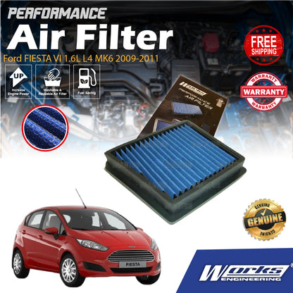 Works Engineering Drop In Air Filter Ford FIESTA VI 1.6L L4 MK6 2009-2011 Element Enjin Engin Penapis Cleaning