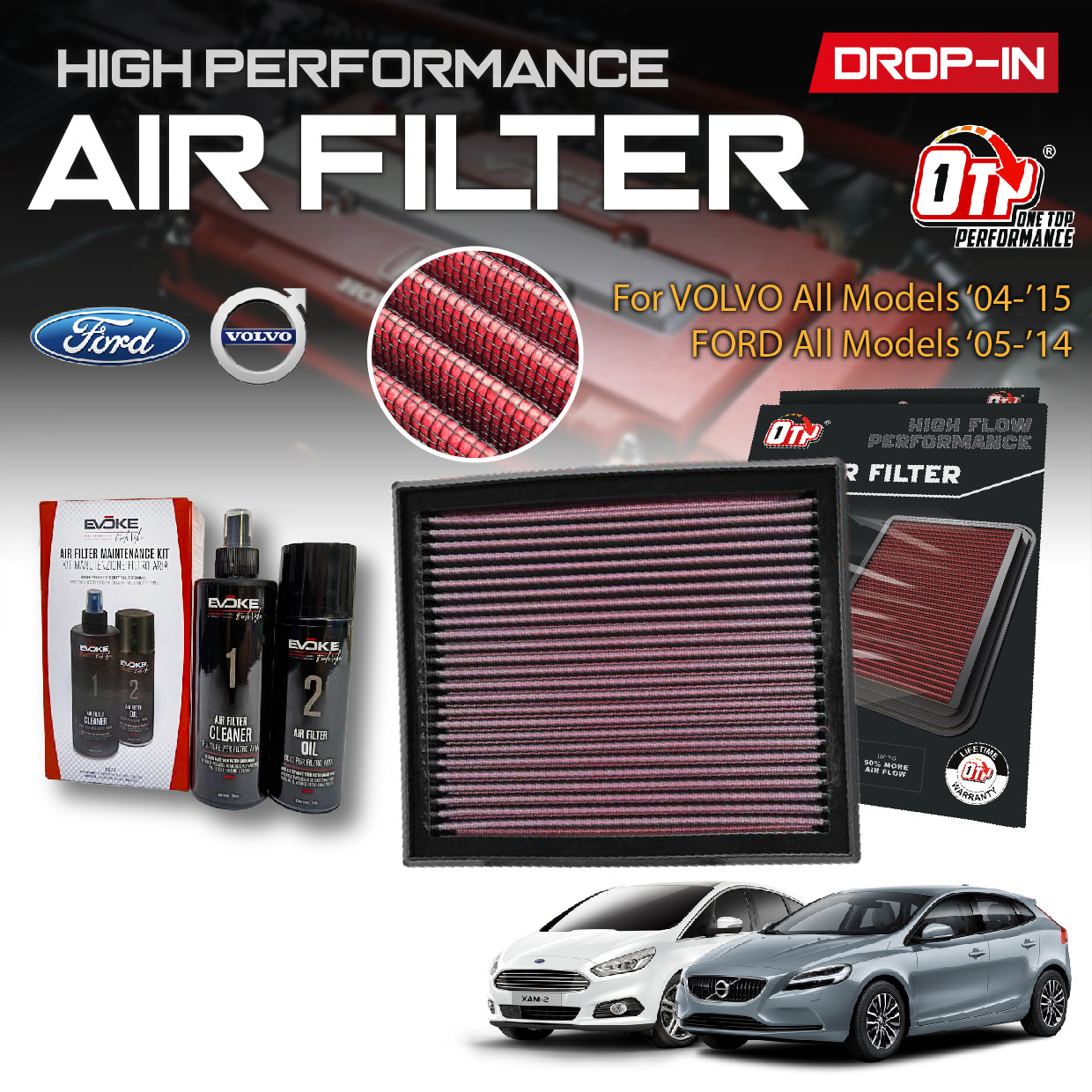 OTP WASHABLE DROP IN ENGINE AIR FILTER VOLVO V40 S60 S40 FORD KUGA FOCUS MONDEO 05-15 PERFORMANCE Element Enjin