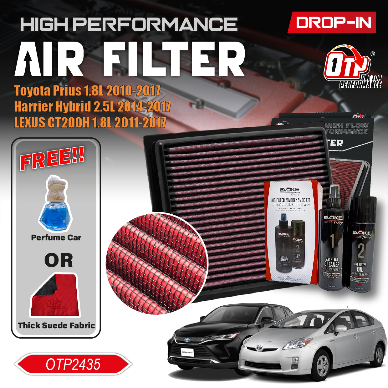 OTP Performance Drop In Air Filter Washable Toyota Prius 1.8L Harrier Hybrid 2.5L LEXUS CT200H 1.8L Penapis Udara