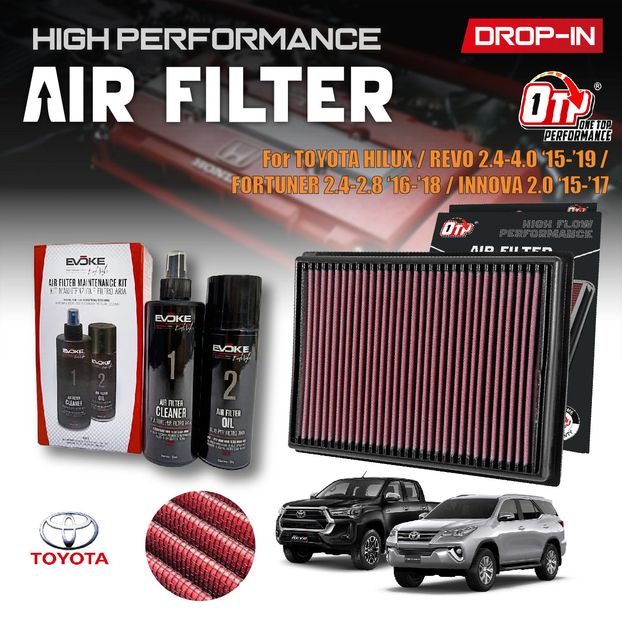 OTP WASHABLE DROP IN AIR FILTER TOYOTA HILUX REVO FORTUNER INNOVA 2.4 2.8 Diesel 2.7 Petrol Add HP