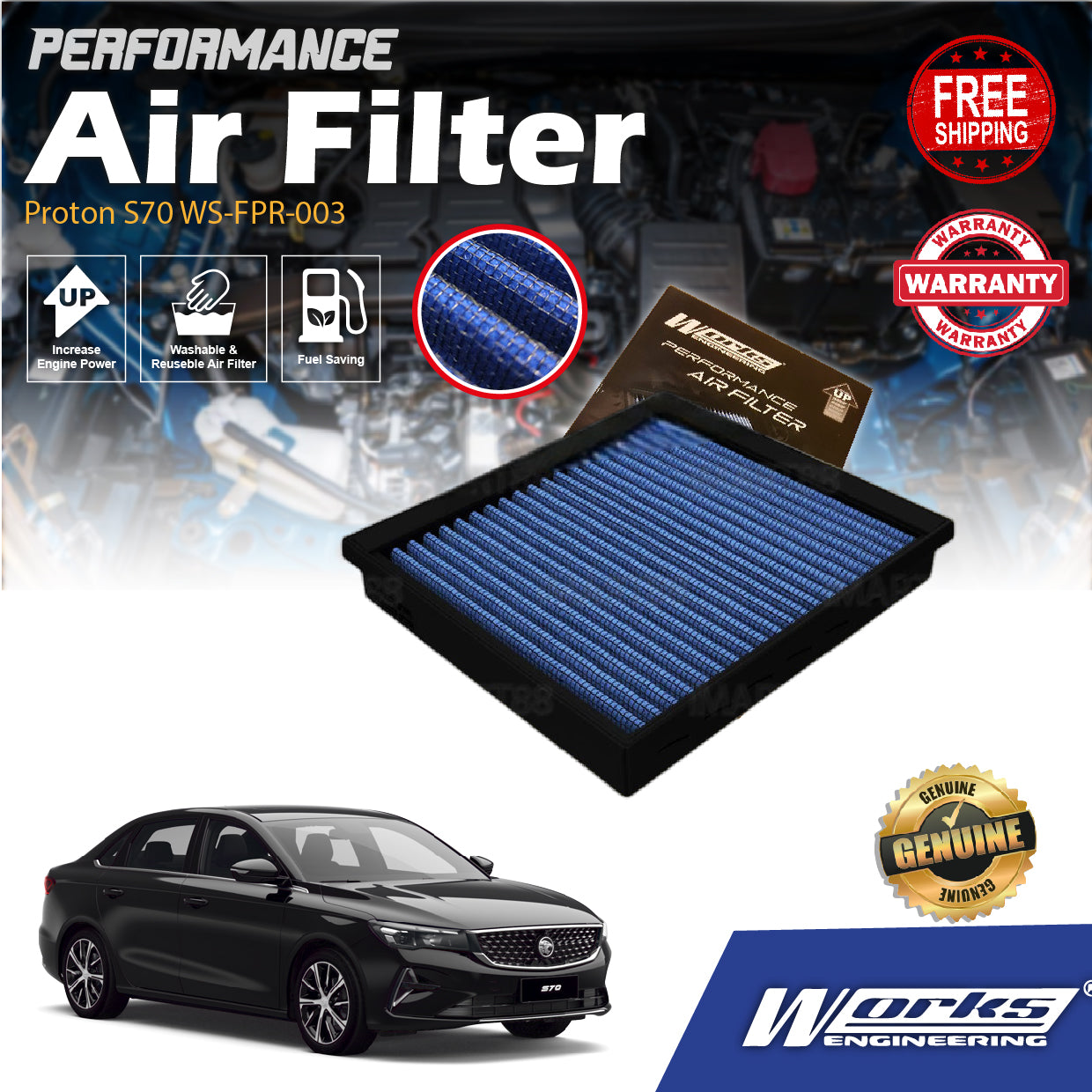 Works Engineering Drop In Air Filter Proton S70 PERFORMANCE Enjin Engin Penapis Udara POWER FPR-003