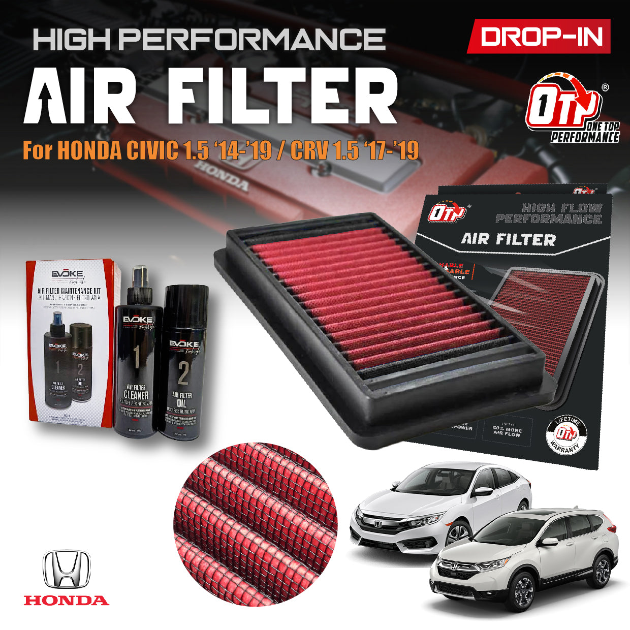 OTP Washable Drop In Air Filter Performance Honda CIVIC FC CR-V CRV 1.5 TC Turbo 2014-2019 Element Enjin Engin