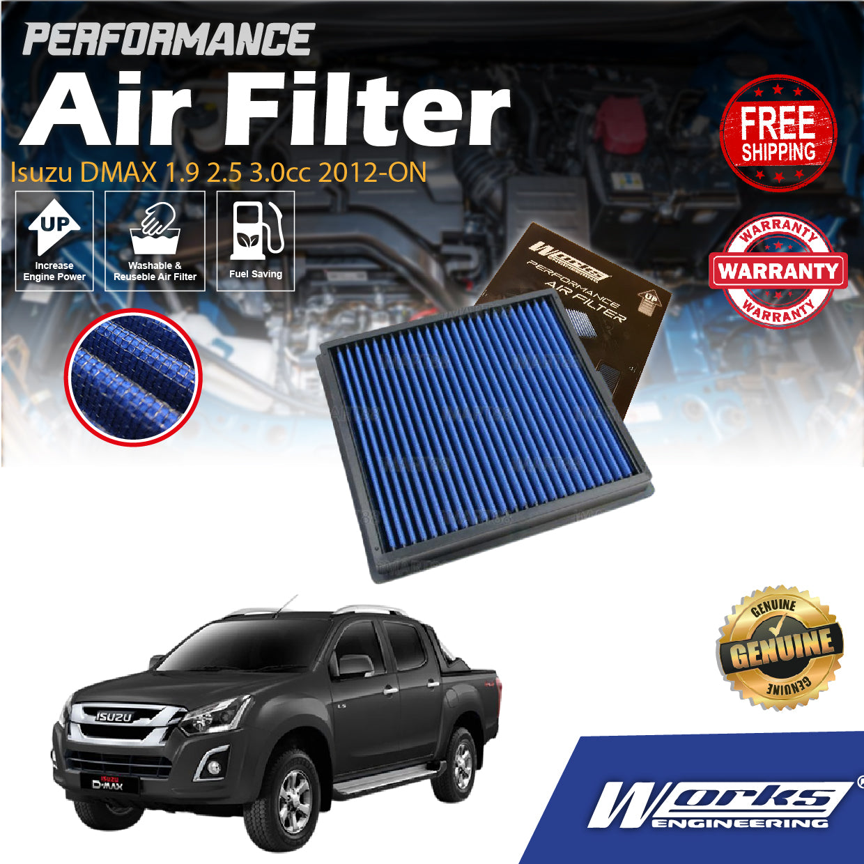 Works Engineering Drop In Air Filter Isuzu DMAX 1.9 2.5 3.0cc 2012-ON Element Enjin Engin Penapis Cleaning
