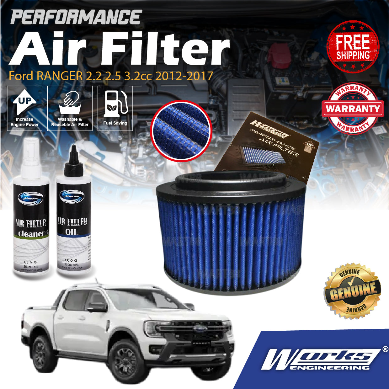 Works Engineering Drop In Air Filter Ford RANGER 2.2 2.5 3.2cc 2012-2017 Element Enjin Engin Penapis Cleaning
