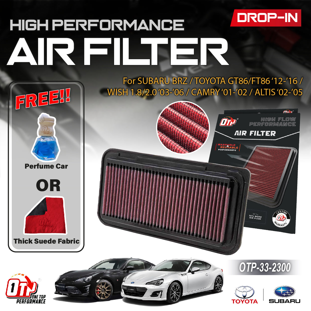 OTP DROP IN AIR FILTER PERFORMANCE SUBARU BRZ TOYOTA GT86 WISH Legend ZNE10 03-08 CAMRY ALTIS CHR Caldina 01-04