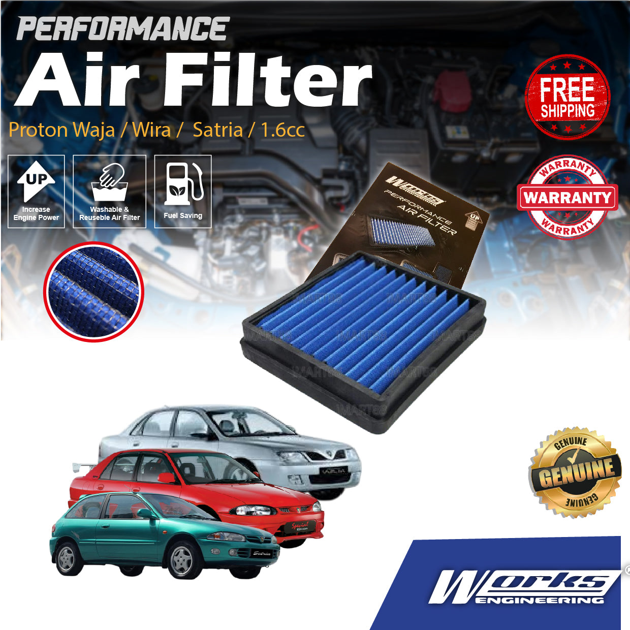 Proton Waja Campro Wira Satria Putra 1.6cc Mitsubishi 4G18 Works Engineering Drop In Air Filter Performance Penapis HP+