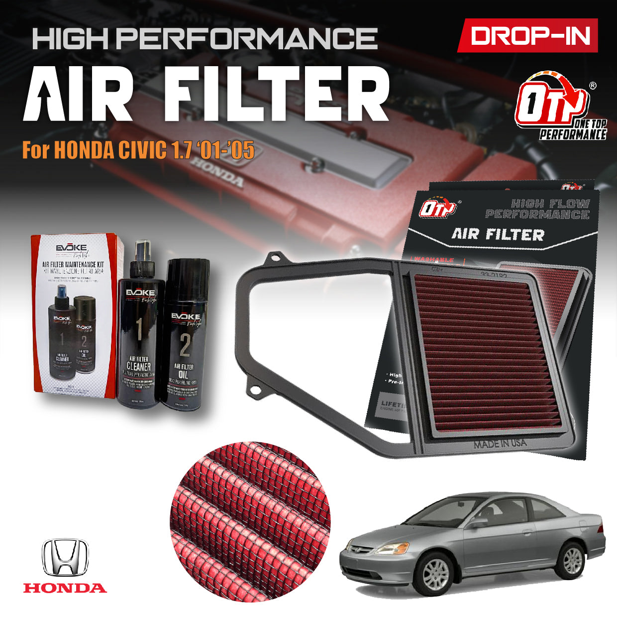 OTP Washable Drop In Air Filter Performance Honda CIVIC DX EX GX HX LX Ferio VI VII 1.7L L4 Gas Engine Enjin