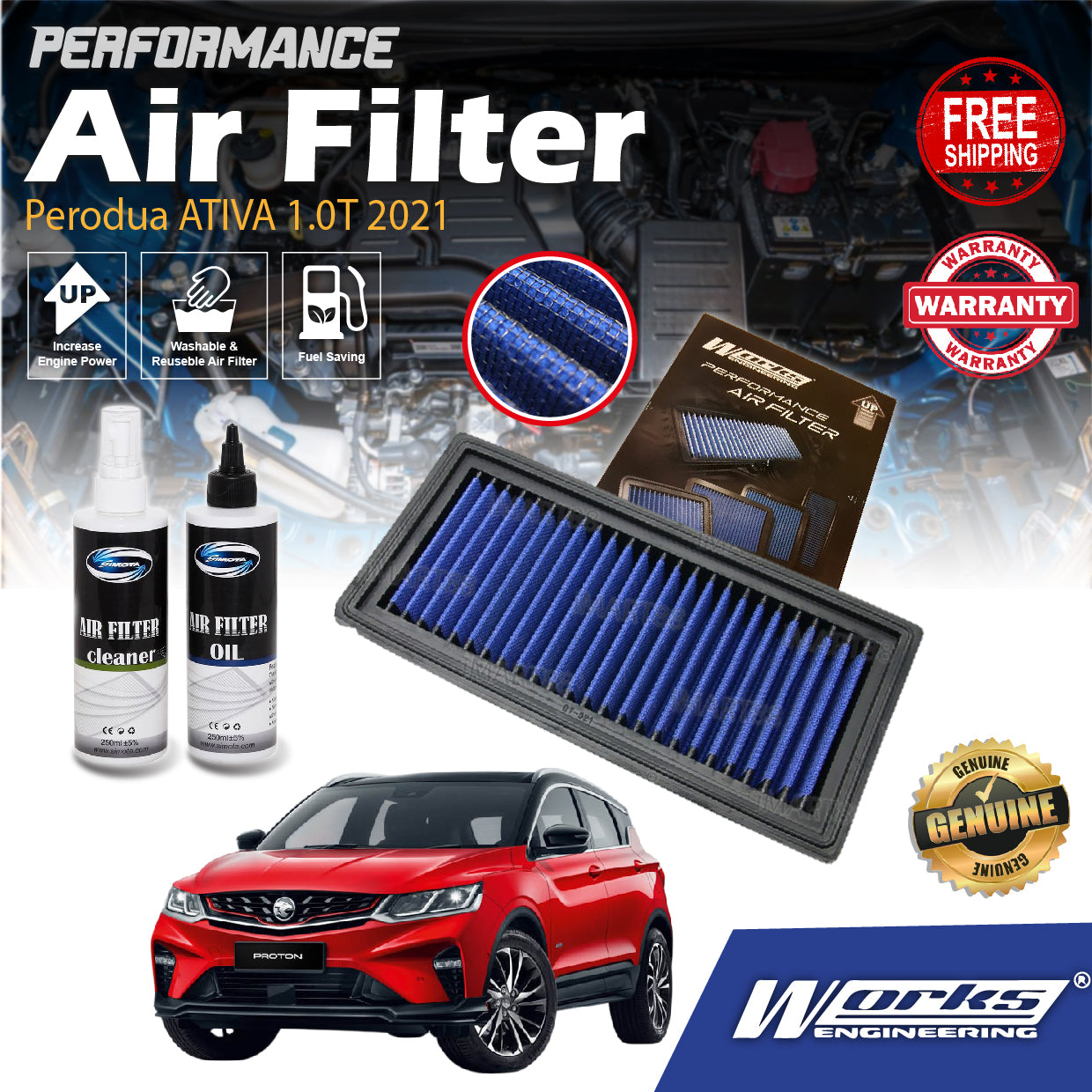 Works Engineering Drop In Air Filter Perodua ATIVA 1.0T 2021 New Alza Toyota Veloz Element Enjin Penapis Performance