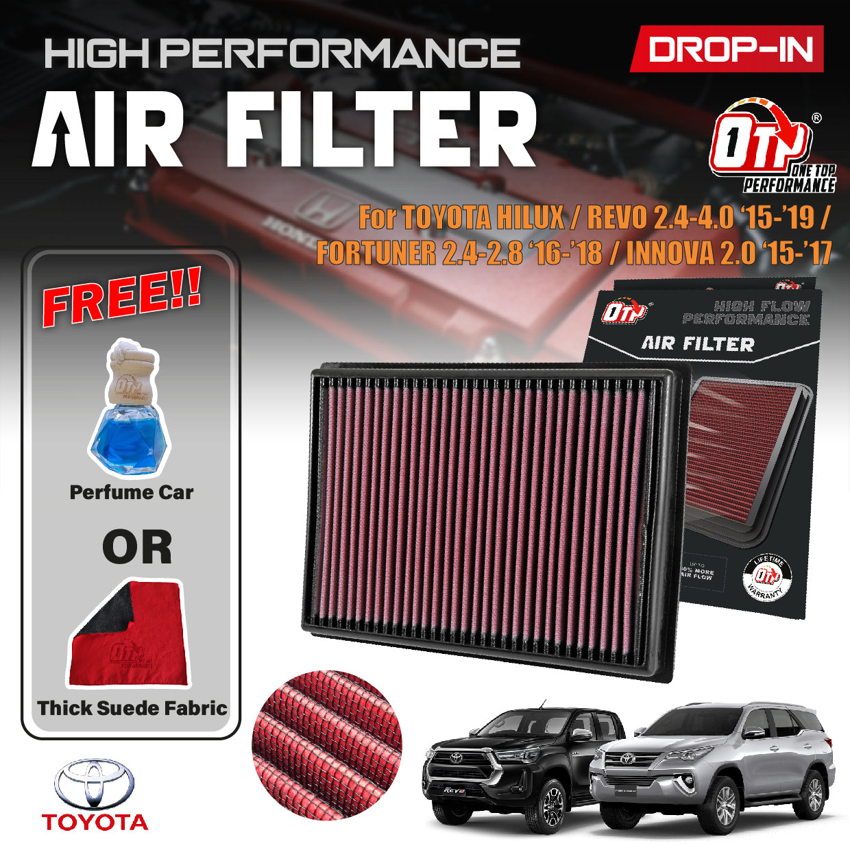 OTP WASHABLE DROP IN AIR FILTER TOYOTA HILUX REVO FORTUNER INNOVA 2.4 2.8 Diesel 2.7 Petrol Add HP