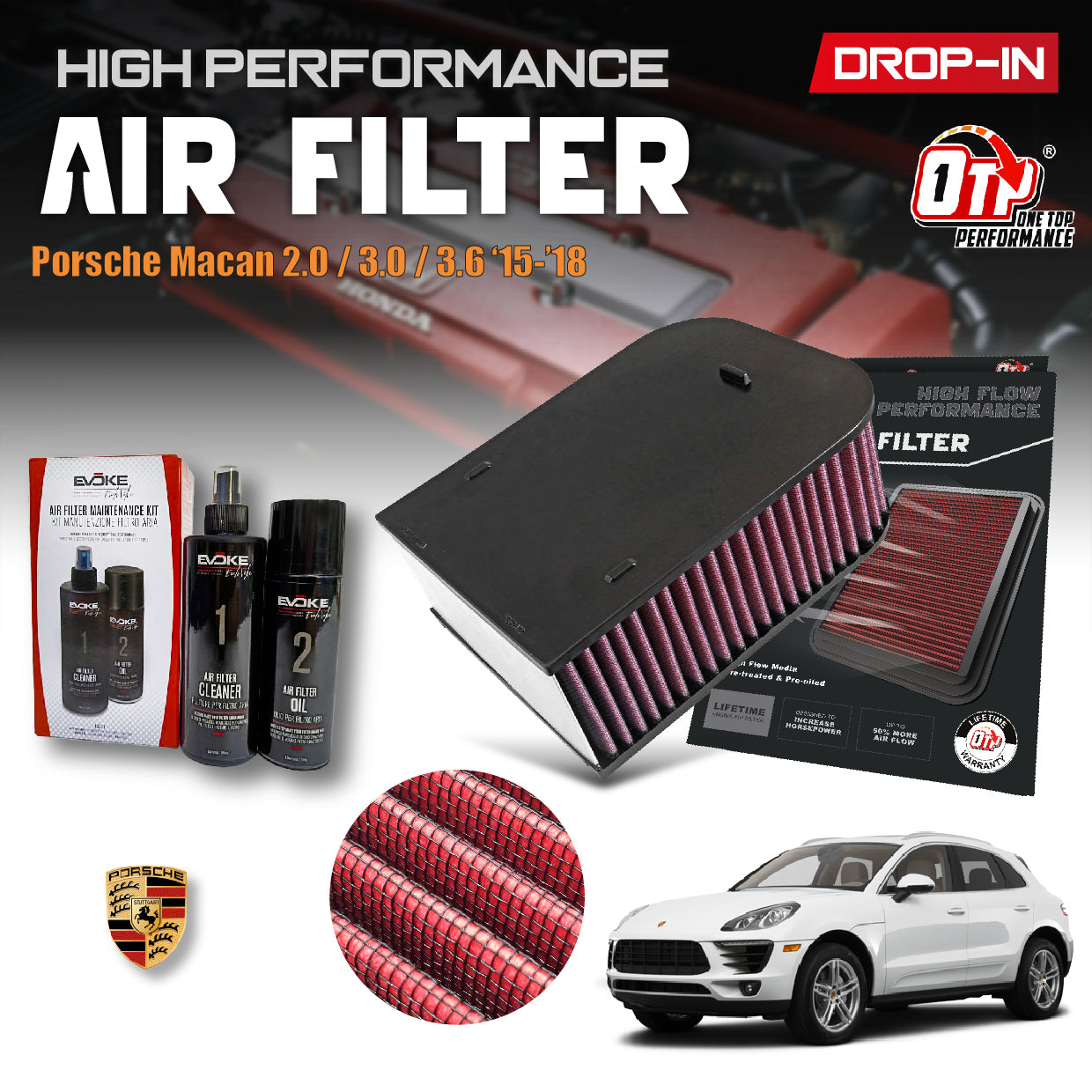 OTP Washable Drop In Air Filter Performance Porsche Macan 2.0 3.0 3.6 15-18 Enjin Engin Penapis Udara E-0660