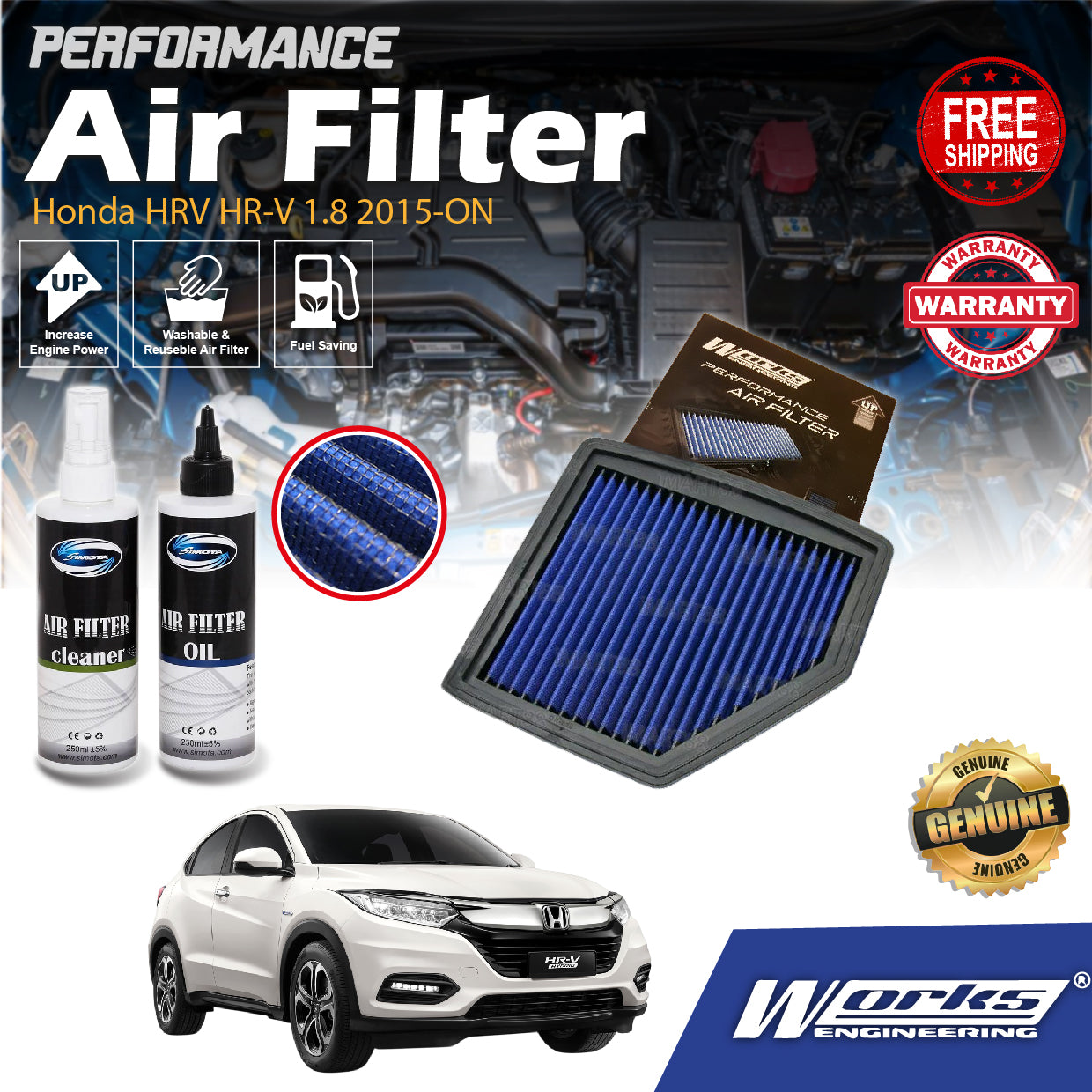 Works Engineering Drop In Air Filter Honda HRV HR-V 1.8 2015-ON  Element Enjin Engin Penapis Cleaning Oil