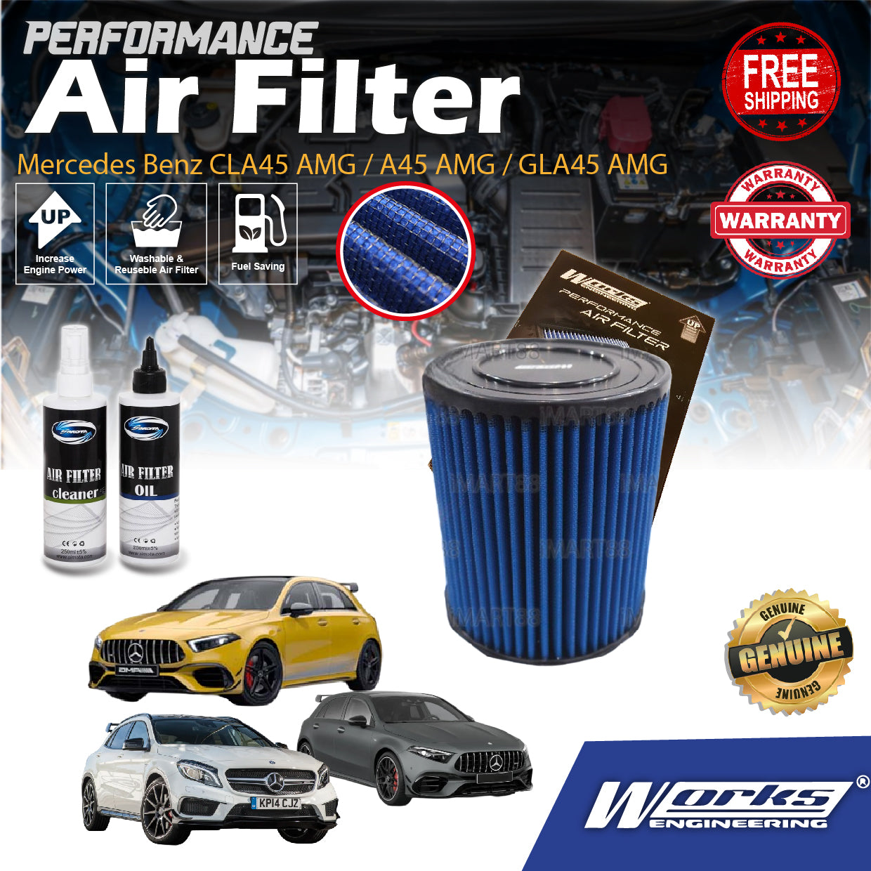 Add HP+ Mercedes Benz CLA45 A45 GLA45 AMG 2.0 2014-2019 Works Engineering Drop In Air Filter High Performance Washable