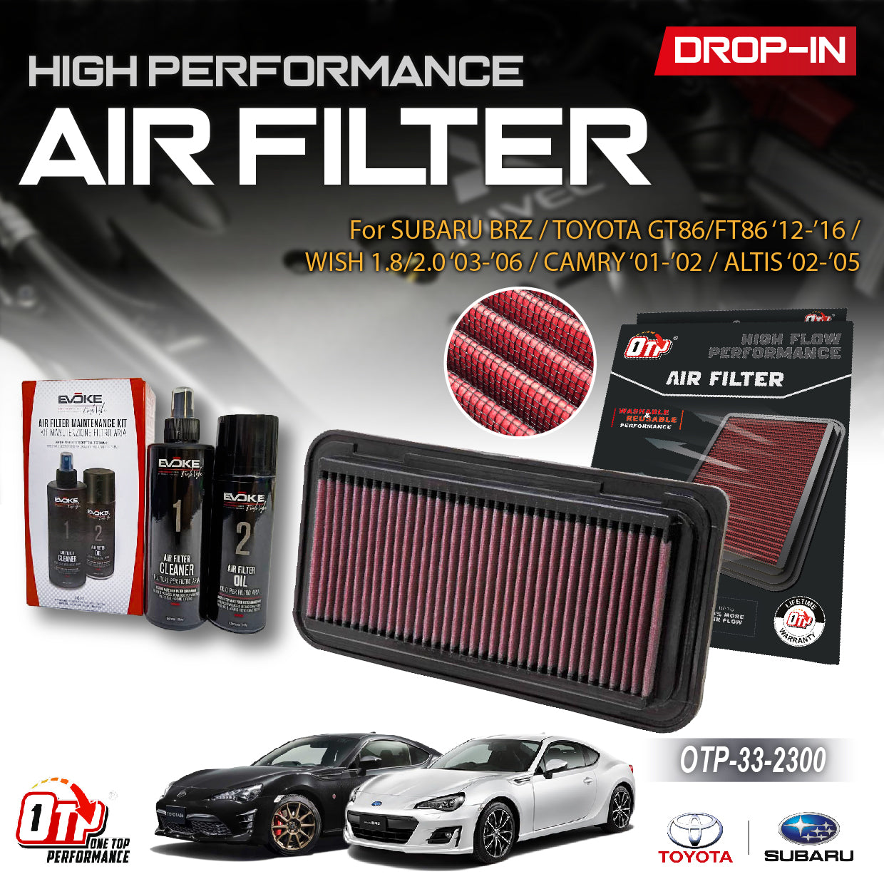 OTP DROP IN AIR FILTER PERFORMANCE SUBARU BRZ TOYOTA GT86 WISH Legend ZNE10 03-08 CAMRY ALTIS CHR Caldina 01-04