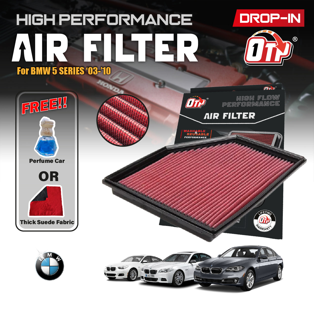 OTP Washable Drop In Air Filter Performance BMW 5 6 Series Z4 E60 E61 528i 525i 530i 630i 520i 2003-2011 Element