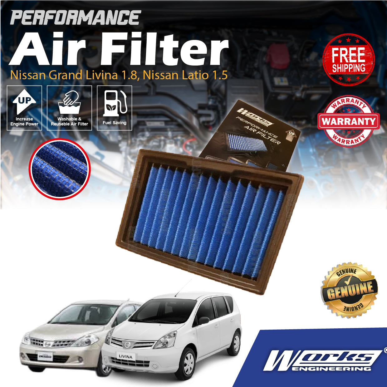 Add HP+ Works Engineering Drop In Air Filter Nissan Grand Livina Latio Tiida Almera Sylphy High Performance Washable