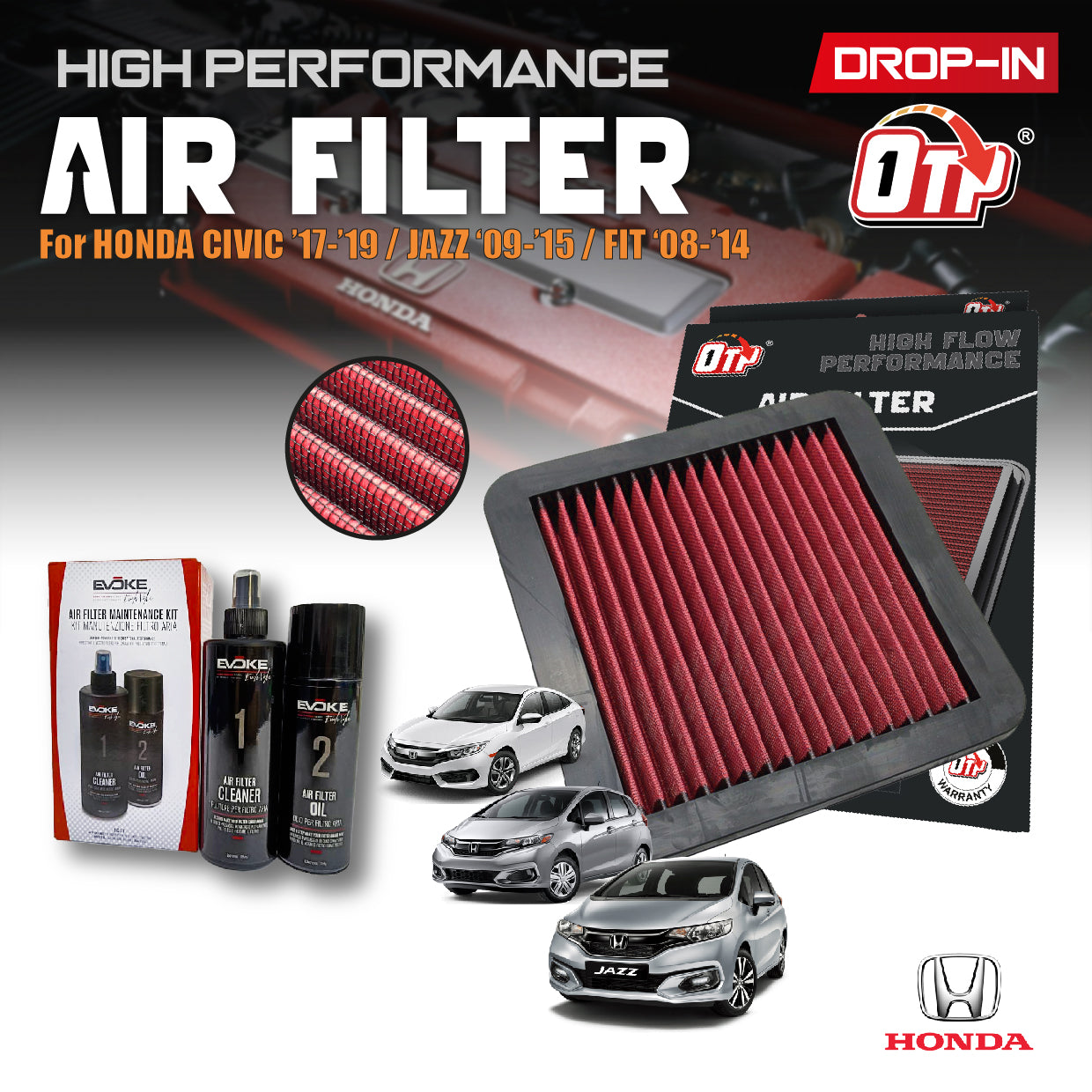 OTP Washable Drop In Air Filter Performance Honda JAZZ TFO CITY TMO 08-13 FIT ENGINE ENJIN 1.3 1.5 penapis