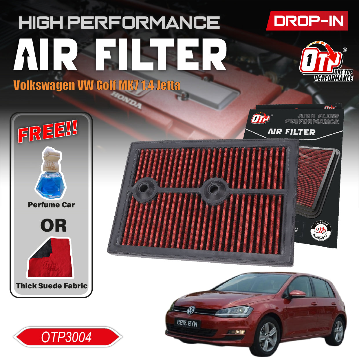 OTP Performance Drop in Air Filter Volkswagen Golf MK7 1.4 Tiguan 1.4 33-3004 Penapis Udara Enjin Kereta