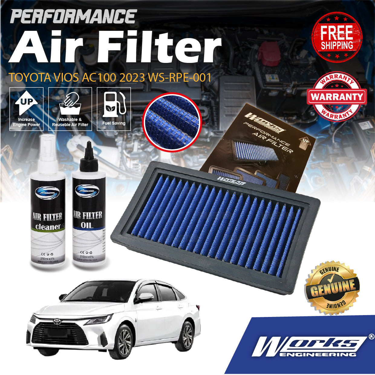 Works Engineering Drop In TOYOTA VIOS AC100 2023 WS-RPE-001 PERFORMANCE Element Enjin Engin Penapis Udara