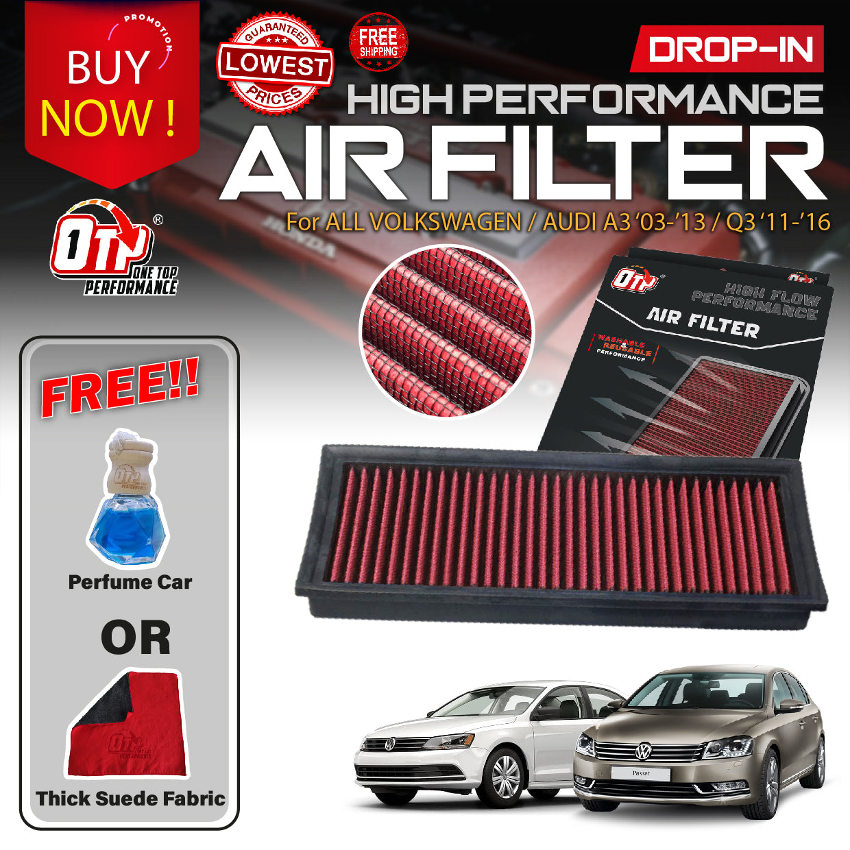 OTP Washable Drop In Air Filter VOLKSWAGEN TIGUAN PASSAT CC SCIROCCO JETTA GOLF GTI AUDI A3 Q3 TT TOURAN
