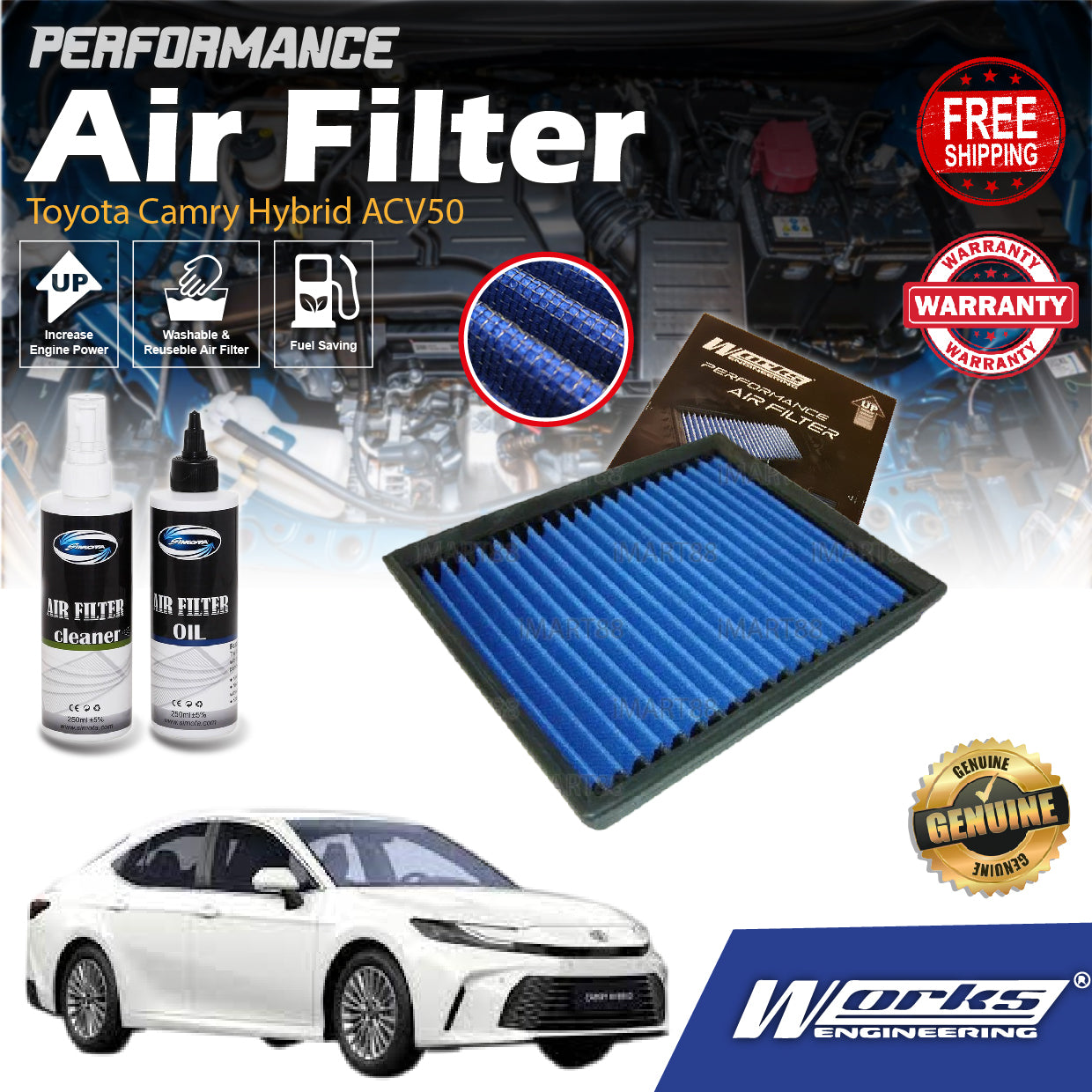 Works Engineering Drop In Air Filter Toyota Camry Hybrid ACV50 RAV4 Lexus ES300H HS250H LS460 LS600H 2.5cc 2012-2016