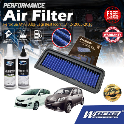 Perodua Myvi Alza Lagi Best Icon 1.3 1.5 2005-2016 Works Engineering Drop In Air Filter Performance Washable Add HP+