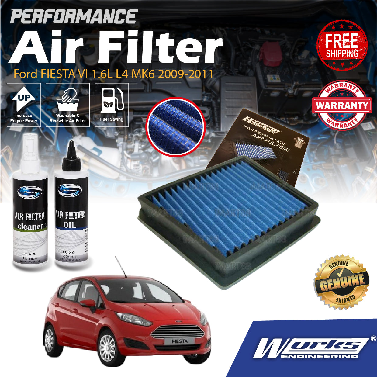 Works Engineering Drop In Air Filter Ford FIESTA VI 1.6L L4 MK6 2009-2011 Element Enjin Engin Penapis Cleaning