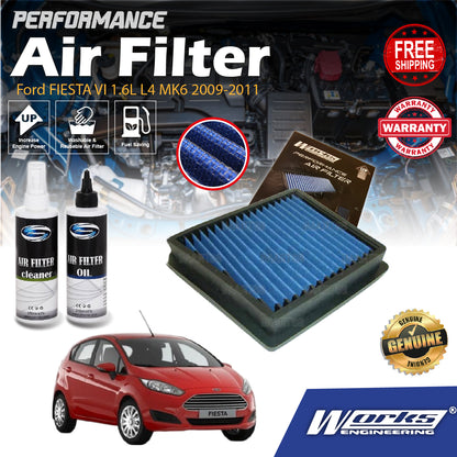Works Engineering Drop In Air Filter Ford FIESTA VI 1.6L L4 MK6 2009-2011 Element Enjin Engin Penapis Cleaning