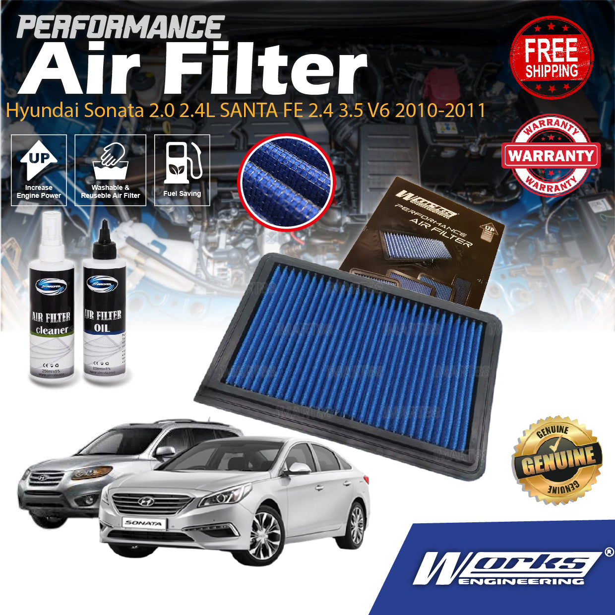 Works Engineering Drop In Air Filter Hyundai Sonata 2.0 2.4L SANTA FE 2.4 3.5 V6 2010-2011 Element Enjin Engin Cleaning