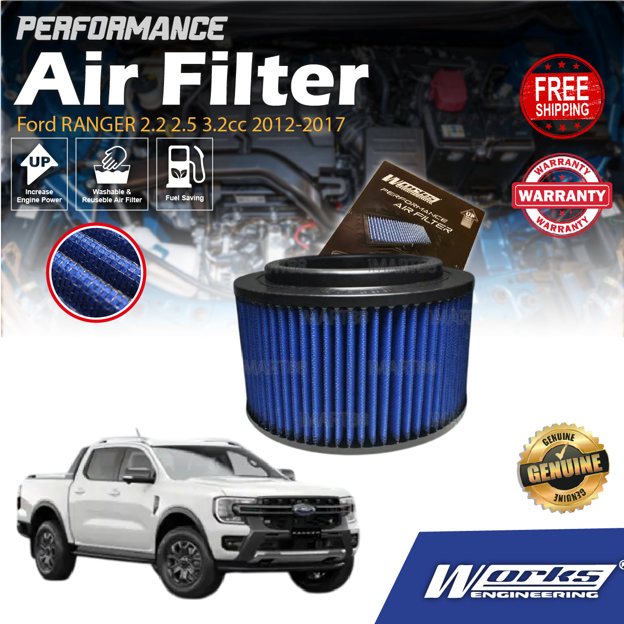 Works Engineering Drop In Air Filter Ford RANGER 2.2 2.5 3.2cc 2012-2017 Element Enjin Engin Penapis Cleaning