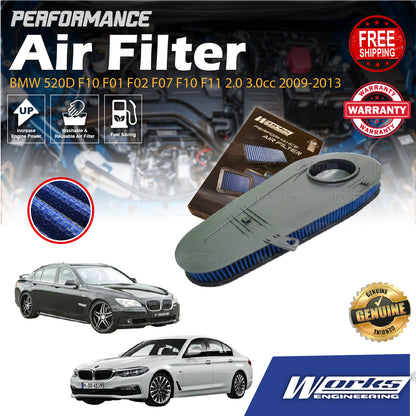 Works Engineering Drop In Air Filter BMW 520D F10 F01 F02 F07 F10 F11 2.0 3.0cc 2009-2013 Element Enjin Engin Penapis