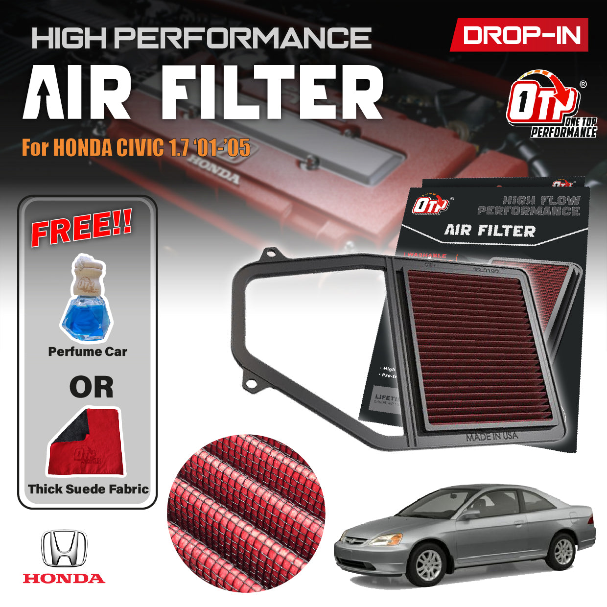 OTP Washable Drop In Air Filter Performance Honda CIVIC DX EX GX HX LX Ferio VI VII 1.7L L4 Gas Engine Enjin