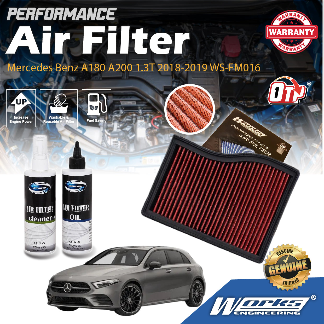 Works Engineering Air Filter Washable Suitable For Mercedes Benz A180 A200 1.3T 2018-2019 WS-FM016 (Red)