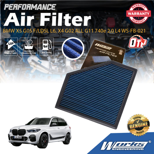 Works Engineering Air Filter Washable Fit For BMW X5 G05 F/I,DSL L6, X4 G02 ALL G11 740e 2.0 L4 WS-FB-021
