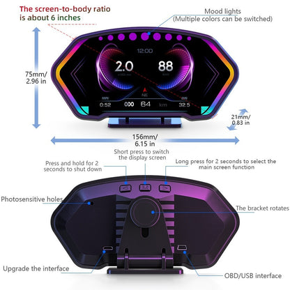 OTP-H024 P3 OBD2 Meter Gauge Meter Car GPS Alarm Speed Head-Up LCD display Water temp RPM Turbo Boost HUD engine status